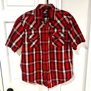Dickies‎ Men's L Red Black Plaid Western Snap Shirt Workwear Grunge Cotton